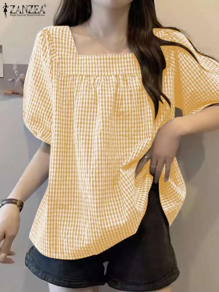 ZANZEA Women Plaid Blouse Casual Puff Short Sleeve Shirts 2024 Summer Square Neck Pleated Tunic Casual Loose Holiday Korean Tops