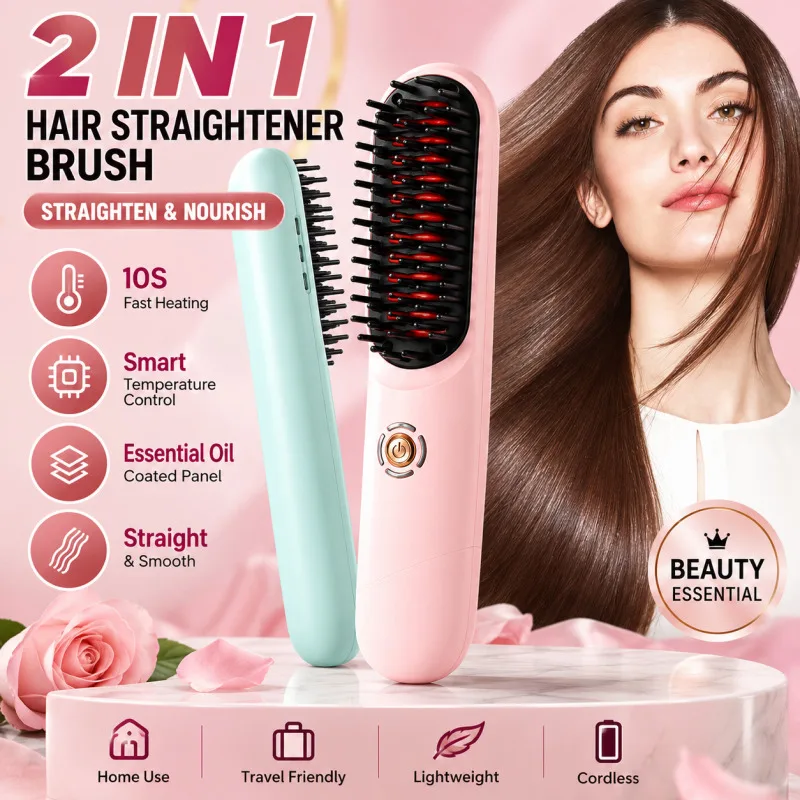 2 In 1 Cordless Hair Straightener Brush Fast Heating Portable Heated Comb Smart Temperature Control Anti Frizz Styling Tool