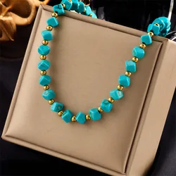 2024 Stainless Steel Turquoise Beads Charms Necklace For Women Girl New Trend Non-fading Clavicle Chain Jewelry Gift