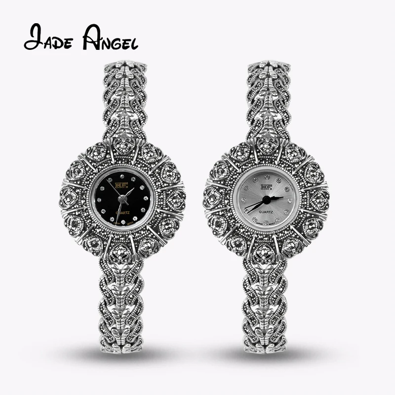 Jade Angel Retro 925 Pure Silver Watches for Women Japanese Quartz Wrist Watches With Marcasite Fine Jewelry for Festival Party