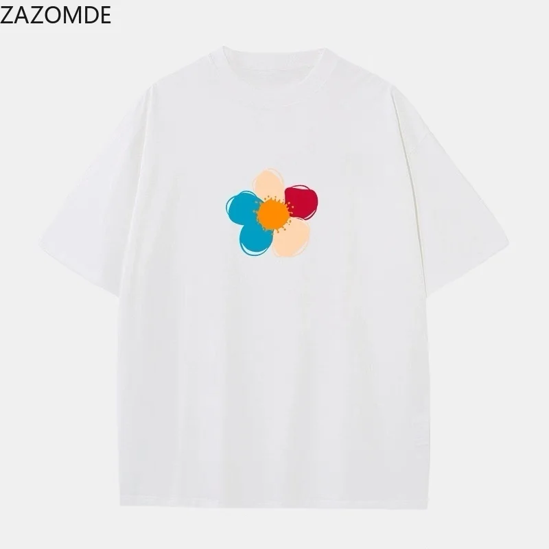 ZAZOMDE Korean Style Vibrant Flower Print Cotton T Shirts Unisex Loose Short Sleeve Crew Neck Street Casual Fashion Tops 2026