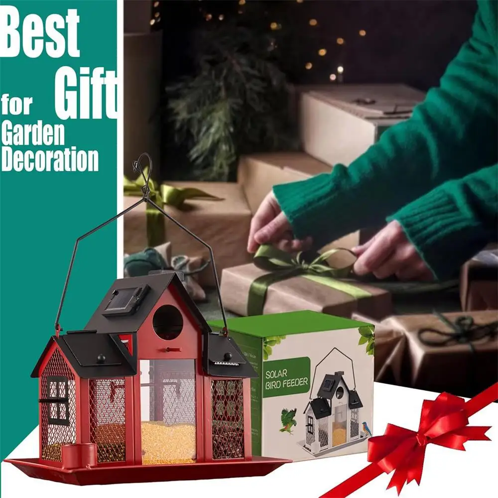 Creative Swing House Bird Feeder Metal Garden Hummingbird Squirrel Feeder with Solar Light