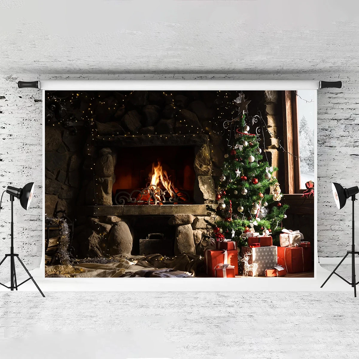 Merry Christmas Xmas Tree Fireplace Window Backdrop Photography Santa Claus Present Background Party Banner Festival Decorations