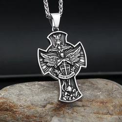 New Vintage Archangel Saint Michael Pendant Necklaces For Man Stainless Steel Angel Wings Cross Necklace Amulet Jewelry Gifts