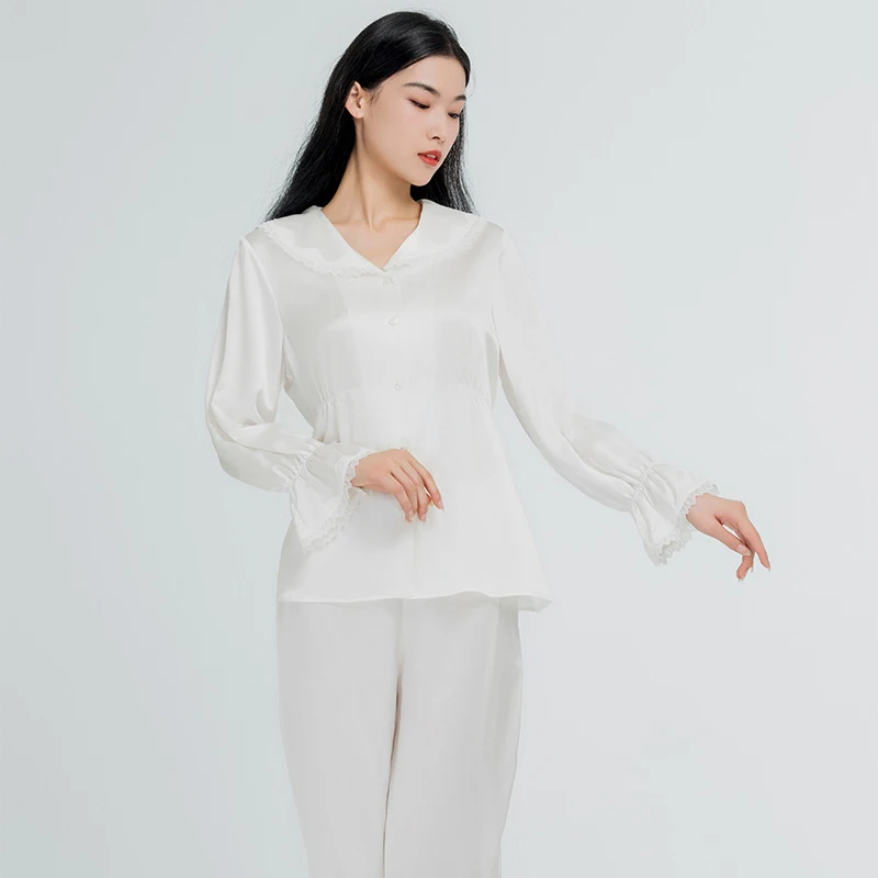 22 Momme 100% Mulberry Silk Pajama Set Women Lace Collar Long Sleeve Sleepwear Luxury Soft Silk Nightwear Trouser Suit