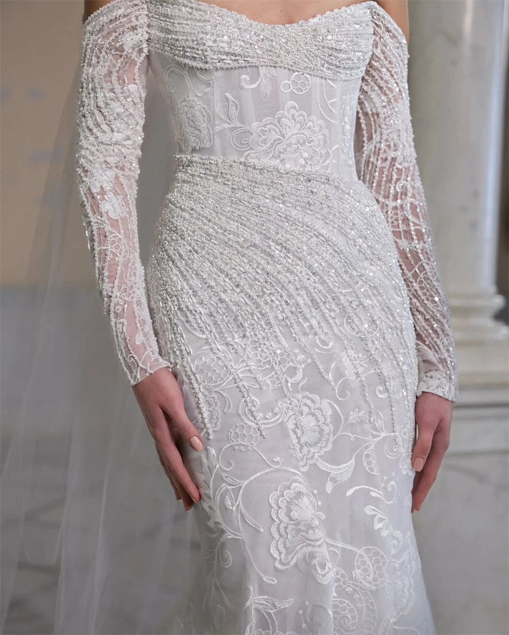 Customized Elegant White Organza Wedding Dress Soft Boat Neck Long Sleeves Bridal Gowns Sexy Mermaid Court Train Robe de mariée