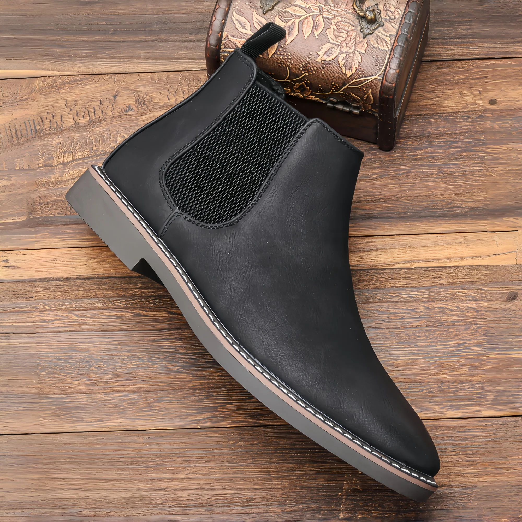 Chelsea Boots For Man Black Finish Men's Boots Elastic Side Boots For Man Slightly Tapered Toe Ankle Height