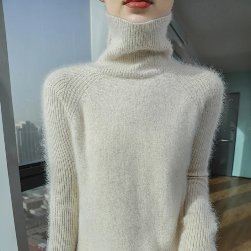 DjzDsm 100%Mink Cashmere Sweater Women Knitted Sweater Turtleneck Long Sleeve Pullovers Autumn Winter Clothing Warm Jumper Tops