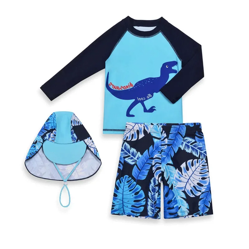 Children's Swimsuit Boys Suit Sunscreen Professional Cartoon Dinosaur Surf Suit Long Sleeve  Boys Split Swimwear with Cap