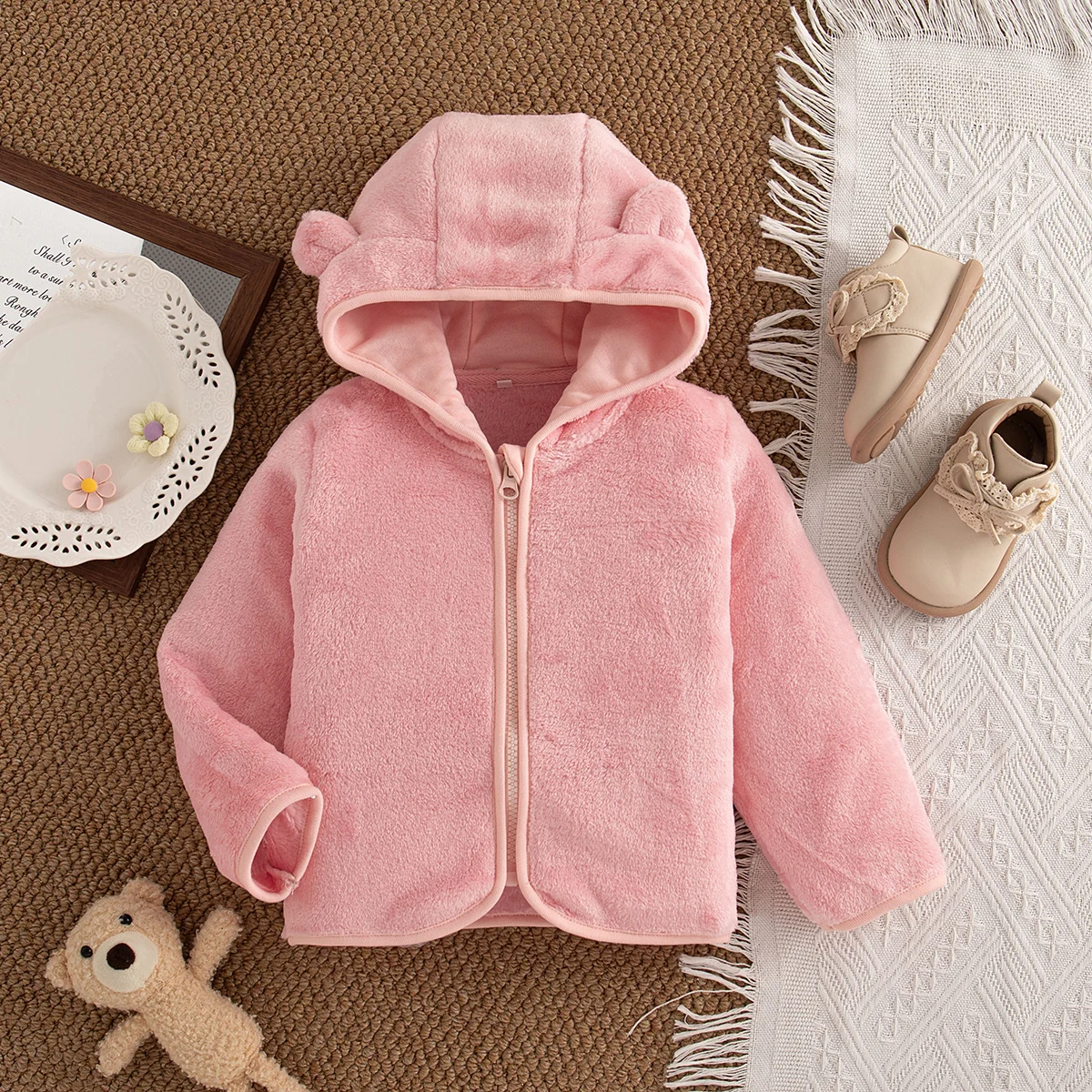 

Autumn New Solid Color Plush Baby Girl Coat, Windproof And Warm Children'S Clothing (9 Months -4 Years Old)