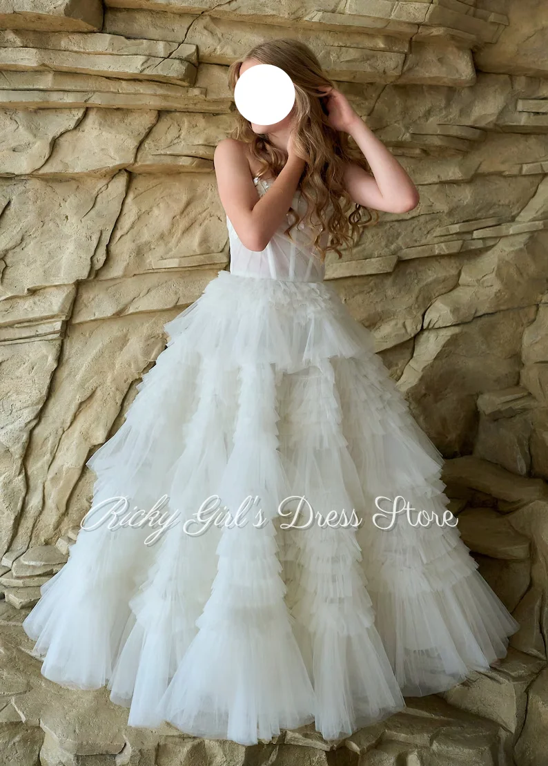 White Girls Birthday Party Dresses Tulle Layered Long Flower Girl Dress For Wedding Litter Princess Kids Gowns For Photoshoot