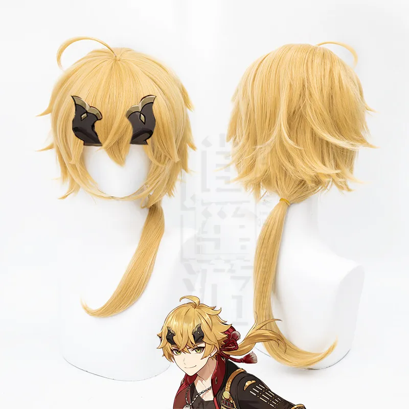 

Парик для косплея Томы из Genshin Impact, пышный, с приподнятыми кончиками, маленькая косичка, подарок на Хэллоуин