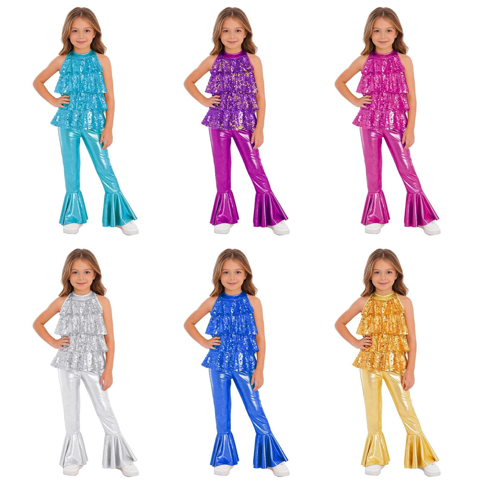 

Girls Jazz Dance Costume Sleeveless Backless Metallic Shiny Tiered Ruffles Sequin Bell-Bottom Jumpsuit for Stage Performance