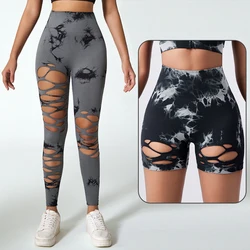 Seamless ripped Yoga pants  High Waist Sports shorts  Women's Fitness Workout Cycling  Biker Gym Shorts Tie dye hip lift pants