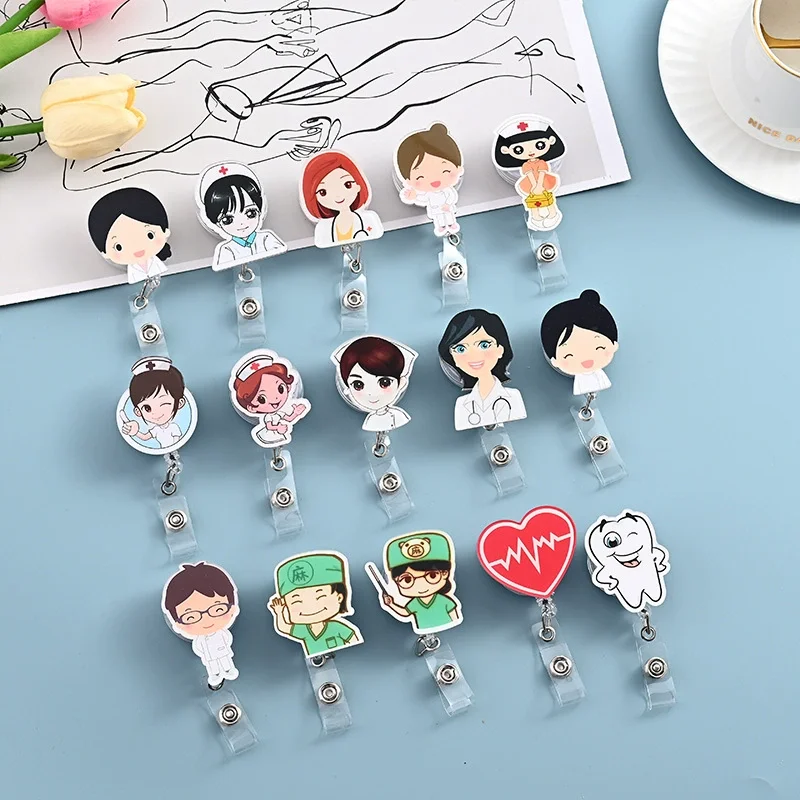 Creative Acrylic Cartoon Retractable Badge Reel Clip for Nurse Doctor, Retractable ID Card Holder, Medical Staff Work Name Tag