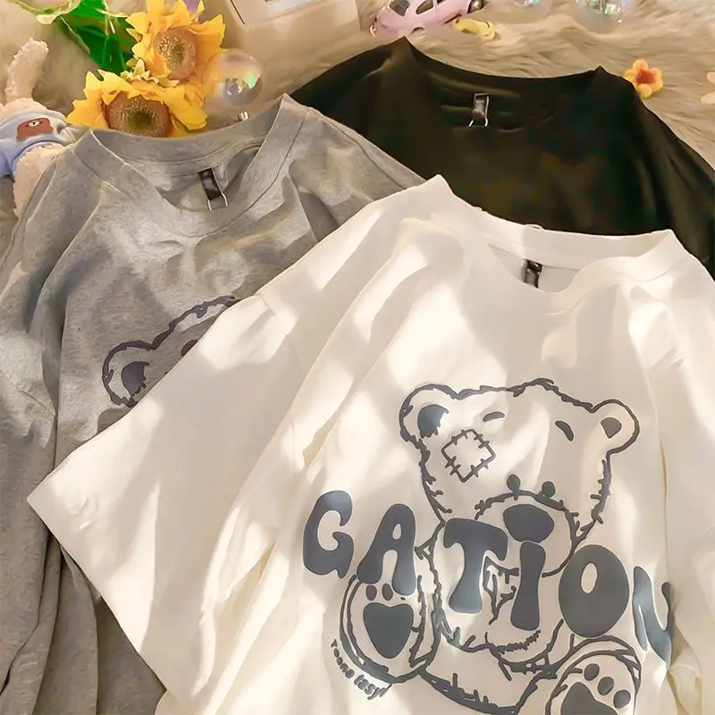 Japanese Niche Bear Print Short-sleeved T-shirt Women's Trendy Brand Loose All-match Girls Couple Half-sleeve Tops for Women