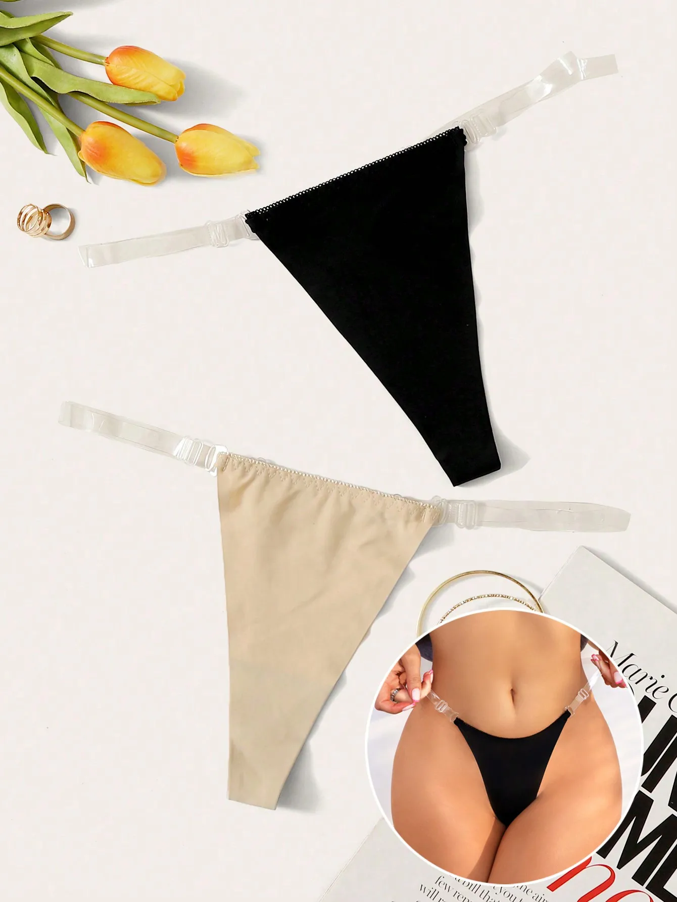 Tanga de mujer invisible y sin costuras de 2 piezas negro + color de piel simple se puede combinar con vestidos formales. Ropa interior de mujer C678