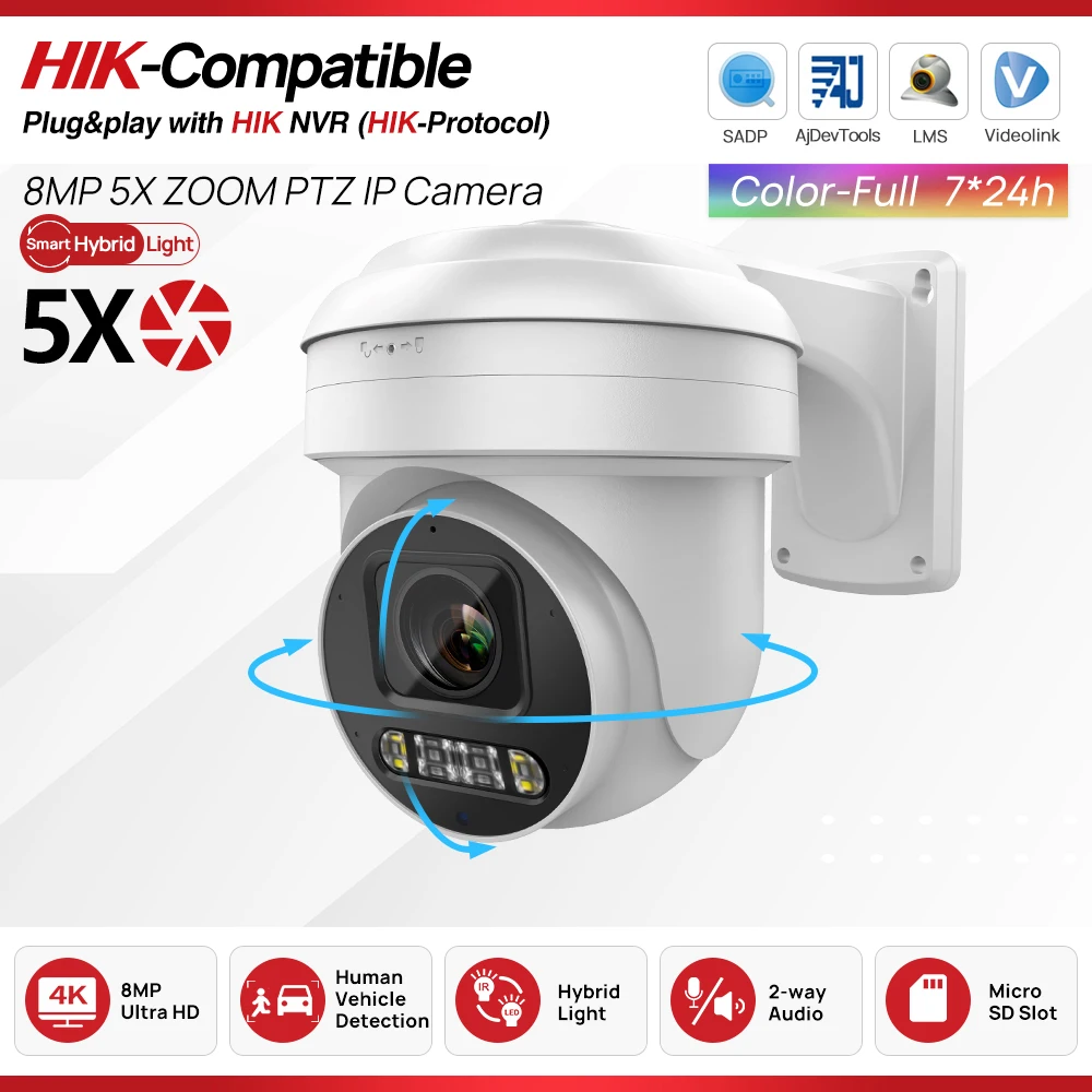 Summer Sale Hikvision Compatible 8MP ColorVu PTZ IP Camera 5X Zoom Hybrid Light 2-way Audio SD Card slot Network CCTV Camera