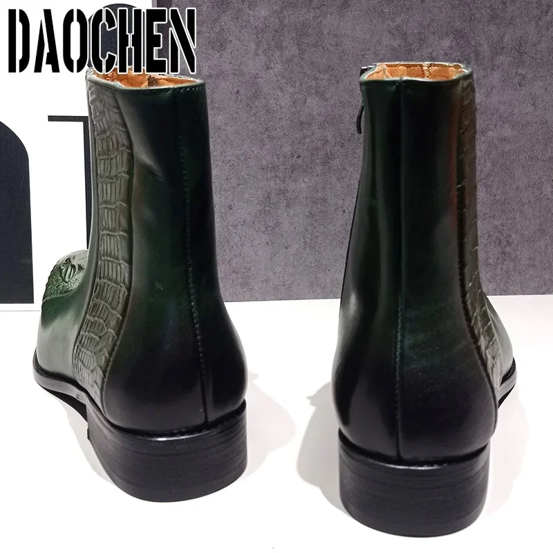 Luxury Men Ankle Boots Shoes Black Green Crocodile Print Zipper Casual Men Dress Shoes Genuine Leather Chelsea Boots Men