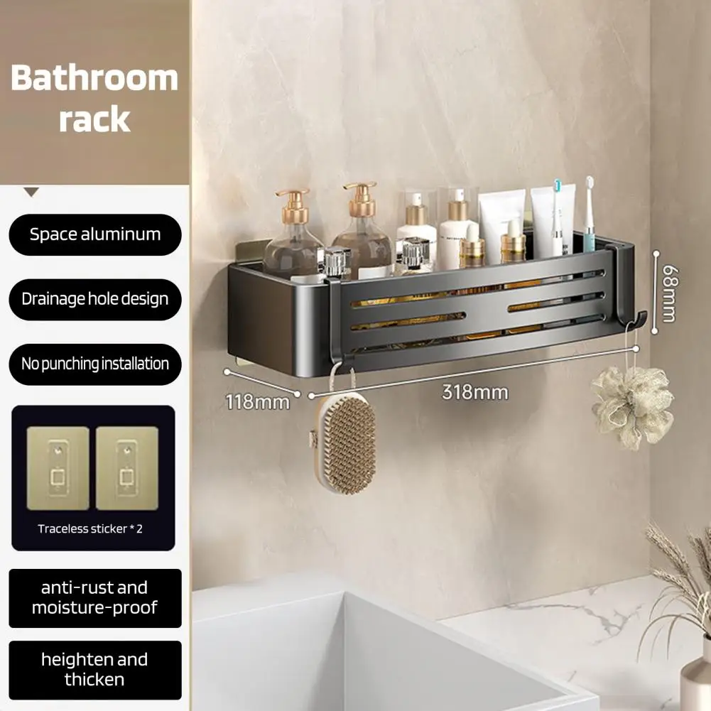 Space Aluminum Storage Rack Bathroom Shelf Towel Rack with Strong Load-bearing Design Drainage Hole Self Adhesive for Easy