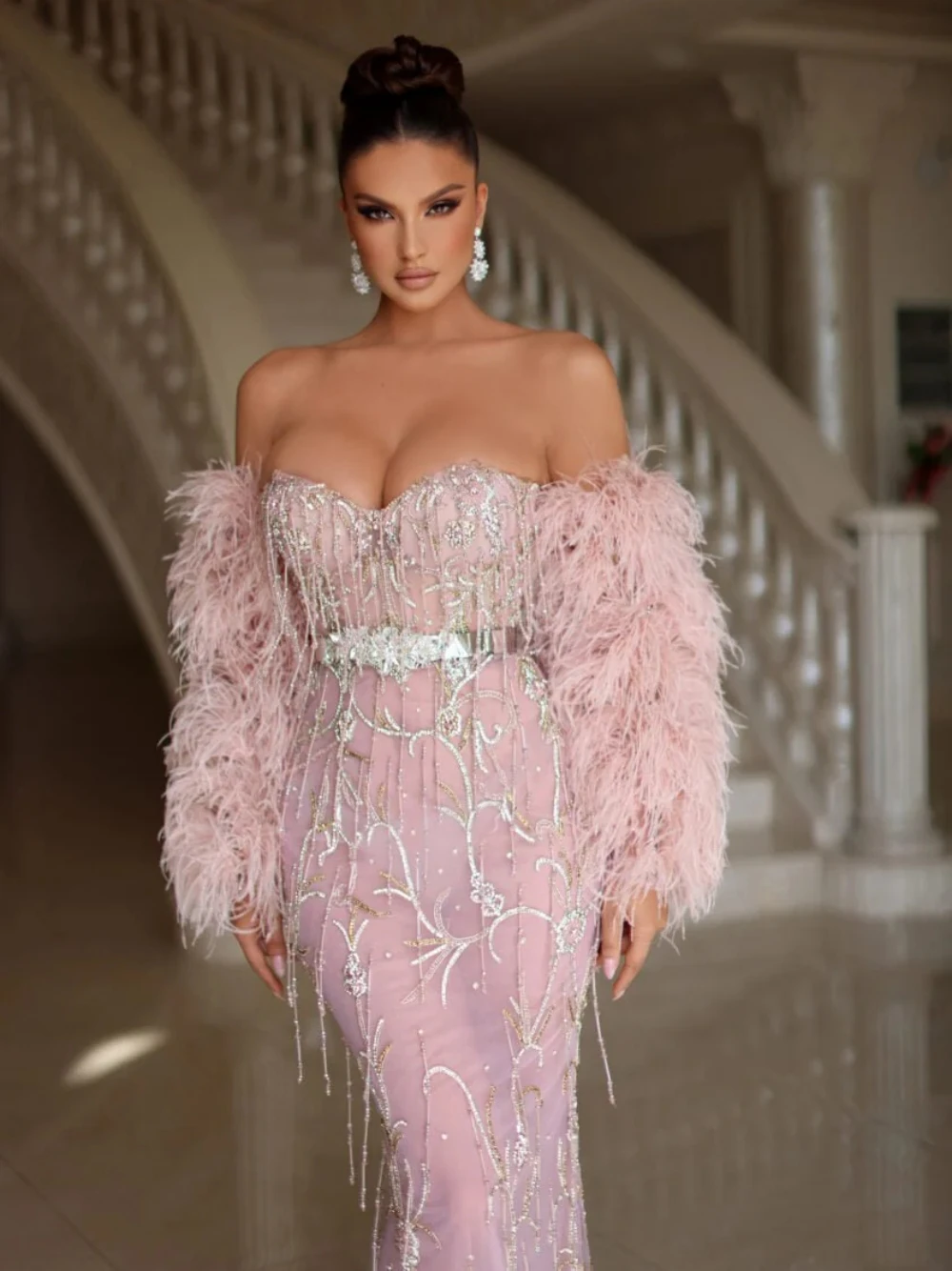 Pink Luxury Mermaid Evening Dress Shiny Beaded Tassel Bride Robe Charming Formal Occasions Gown For Women Vestidos De Novia