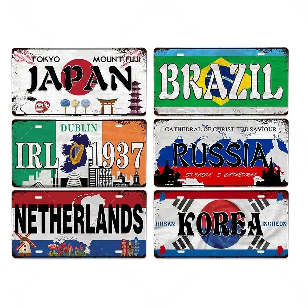 Retro License Plate Various Regions Metal Signs Posters Decor Italy Brazil Japan Poland Korea Ireland Bar Garage Plaque