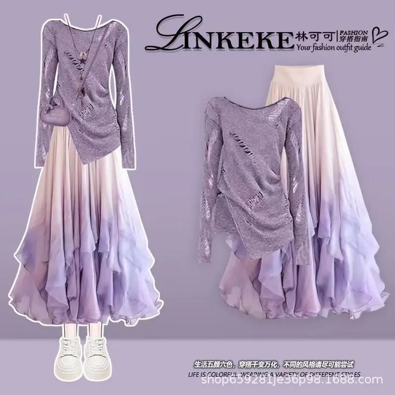 Spring and Autumn New Gentle Style High End Fashion Piercing Top+Beautiful Gradient Half Skirt Two Piece Set