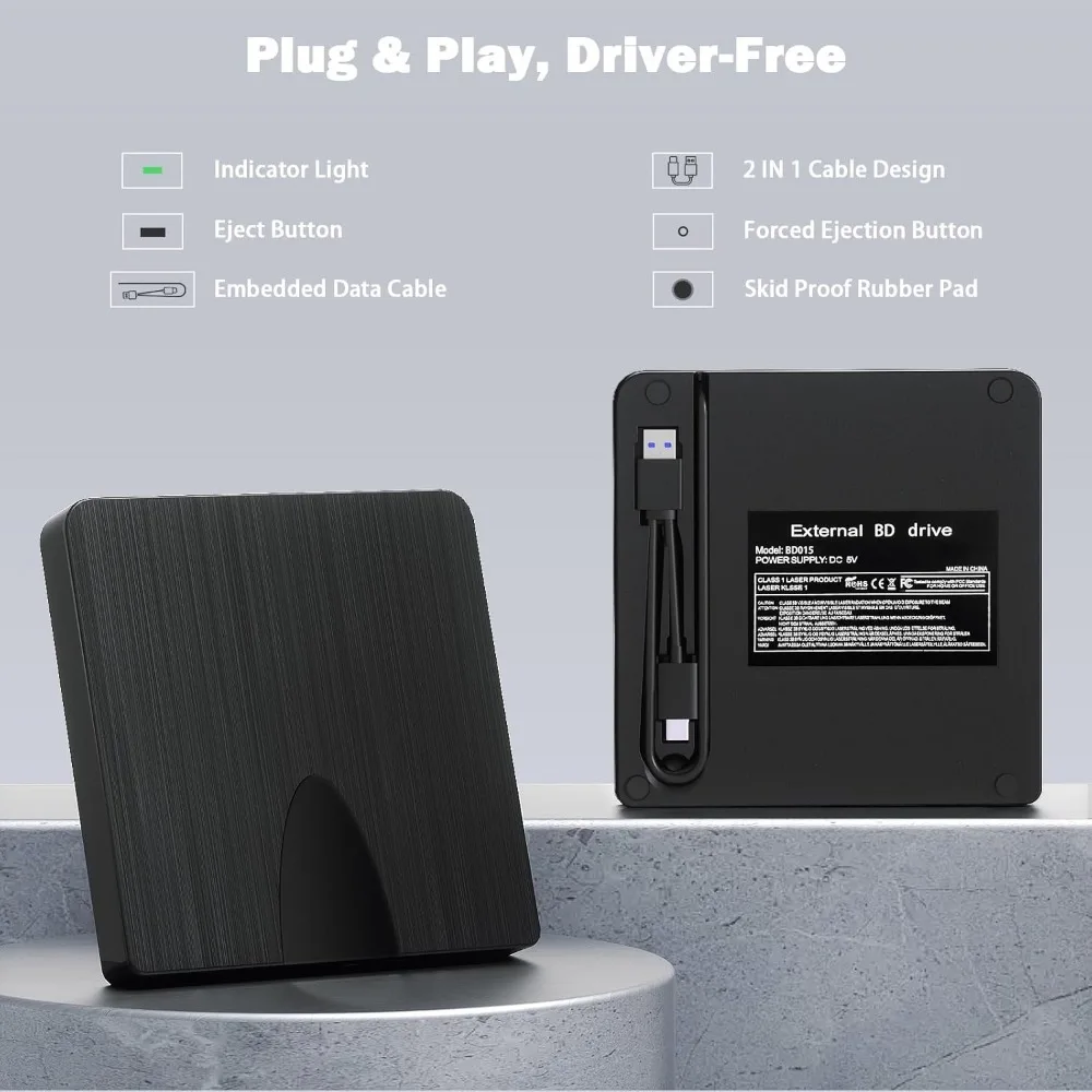 Externes Bluray-Laufwerk, USB 3.0 und Typ-C-Bluray-Brenner, tragbarer BluRay-DVD/CD/BD-Player, 3D-optisches Bluray-Laufwerk für PC und Laptop