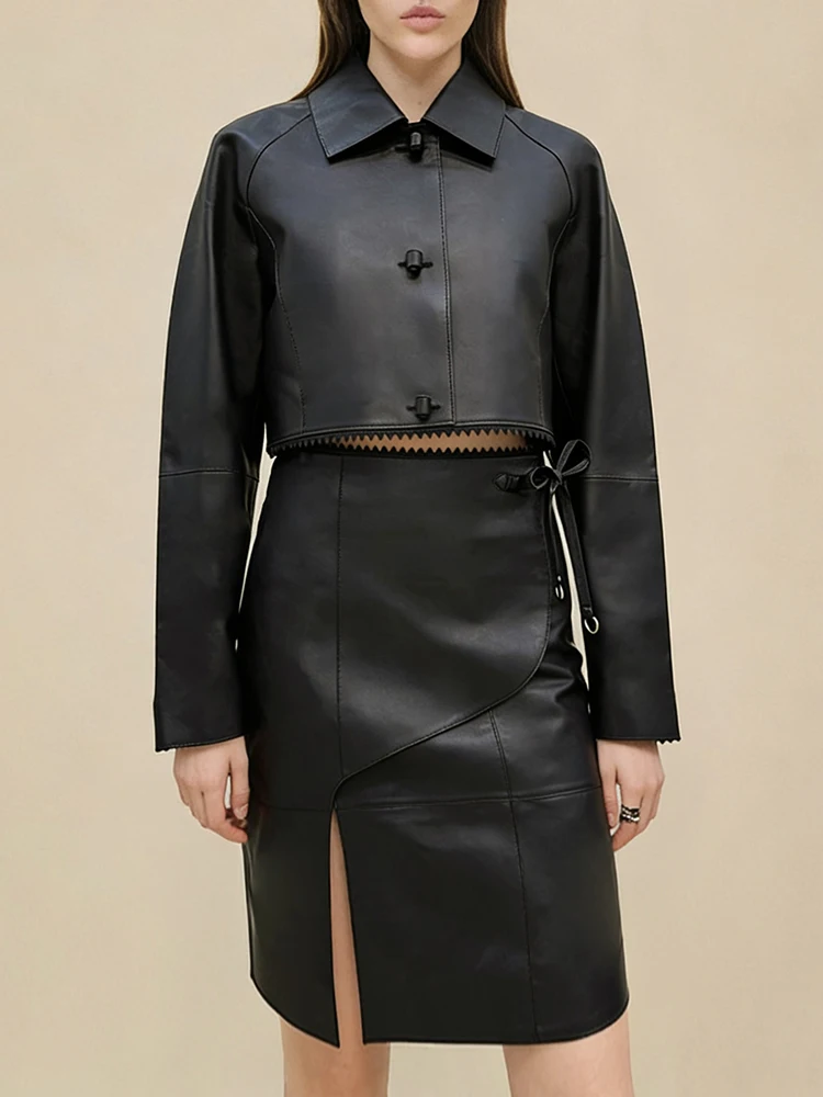 Traje de Falda de Piel de Oveja Negra de Moda Primavera-Verano para Mujer: Abrigo Corto con Cuello Vuelto + Falda Lápiz de Cintura Alta