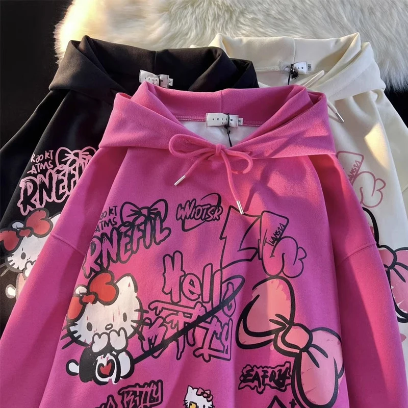 Winter Thickened Sanrios Hellokitty Hooded Sweatshirt for Girls Cartoon Couple Kawaii Plus Velvet Printed Warm Long-Sleeved Top