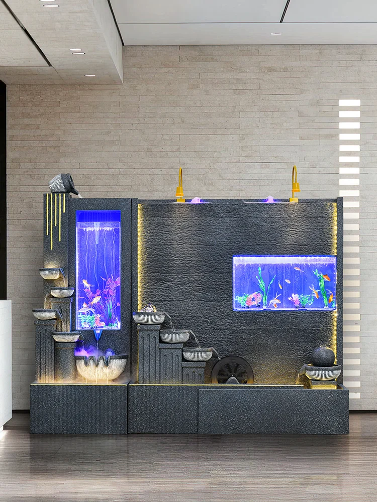 Large water curtain wall, flowing water ornaments, living room entrance, rockery, fish pond, landscape balcony, office