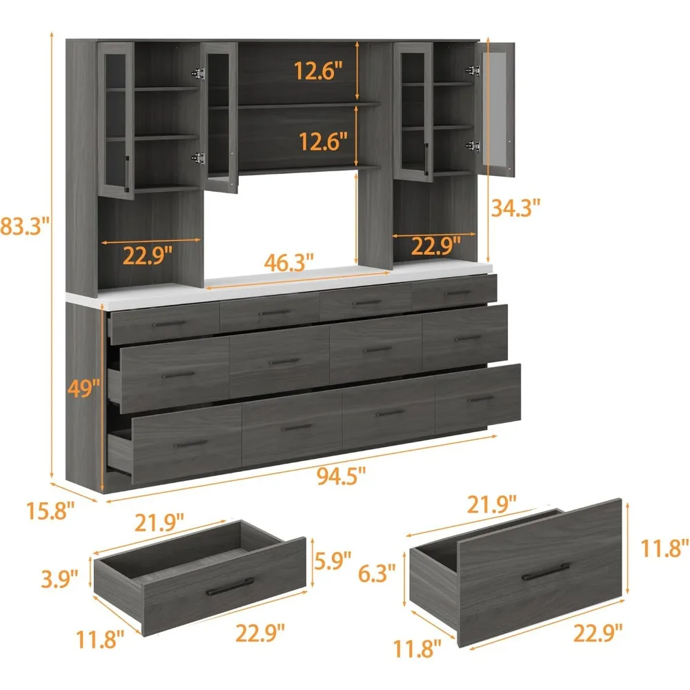 Garde-manger de cuisine avec dessus de seau, 12 portes de proximité et 4 portes en verre, armoire de rangement en bois Chi Board avec 6 étagères cachées et 4 étagères ouvertes