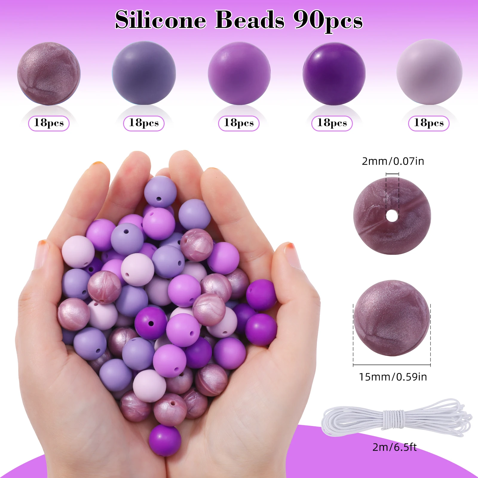 Purple Series Silicone Beads 90Pcs Charm Round Beads for Jewelry Making Handmade DIY Keychain Pendant Jewelry Accessories 15mm