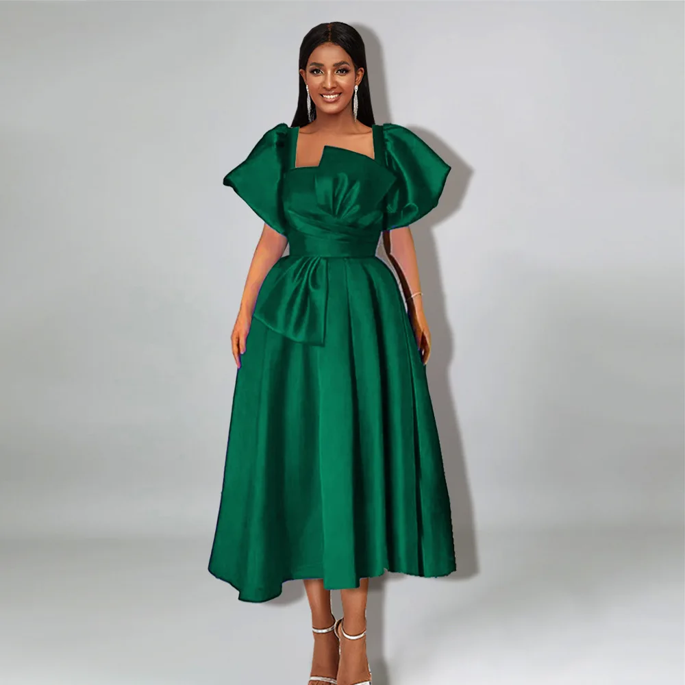 Saudi Arabia Women Evening Dresses With Big Bow lantern Sleeve Party Formal Occasion Square Collar Carpet Dress suknie ślubne