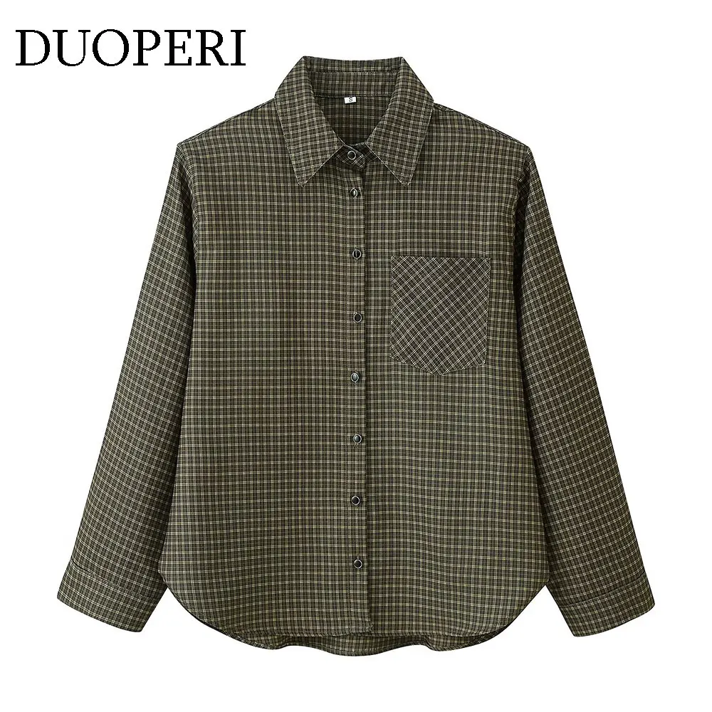 

DUOPERI Women Fashion With Pocket Plaid Blouse Casual Lapel Neck Long Sleeves Female Elegant Chic Lady Shirts