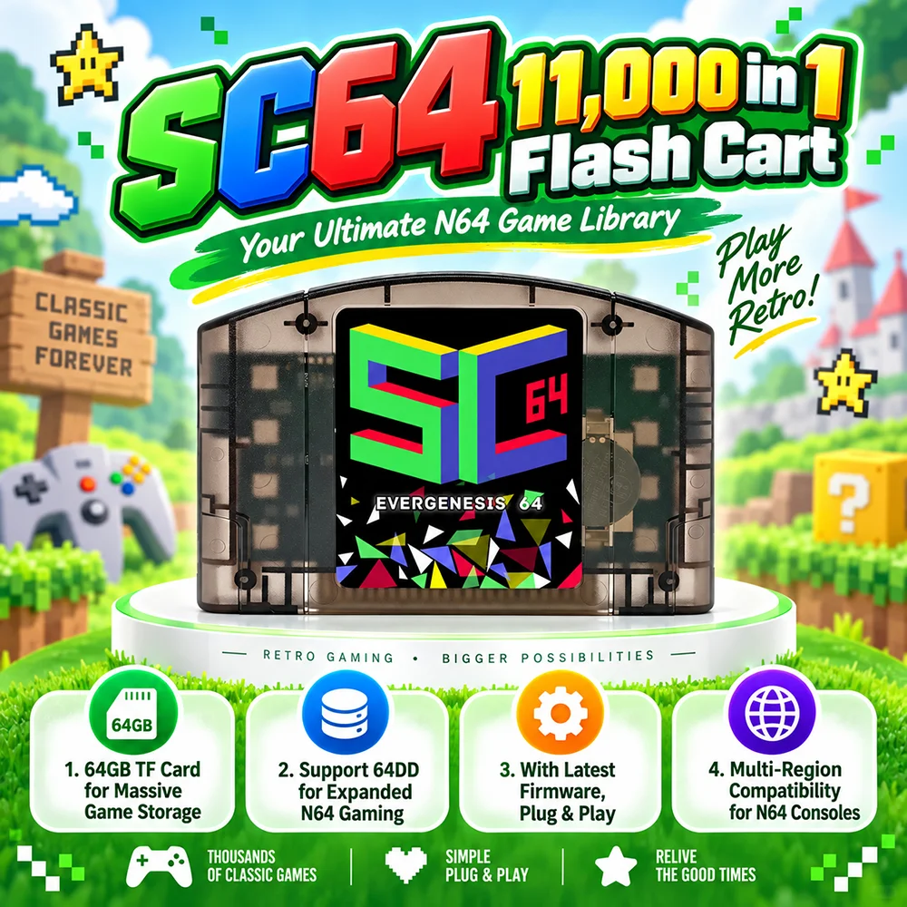SC64 N64 플래시 카드, 닌텐도 64 콘솔용, 64GB TF 카드 지원, 64DD 게임, 다중 지역 지원, 레트로 게임 카드 (11,000개 게임 내장)