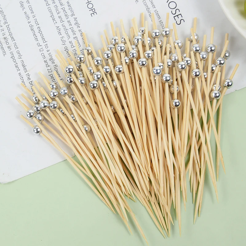 

100pcs Gold Beads Bamboo Fruit Sticks Picks For Cocktail Decor Vegetable Salad Sandwich Buffet Fork Cake Dessert Food Toothpicks