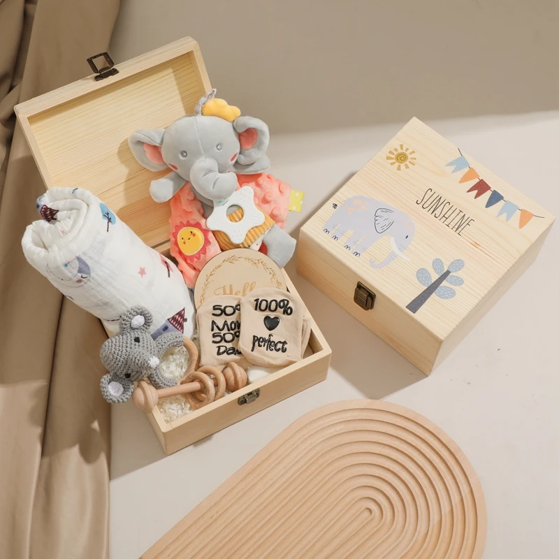 Baby Wooden Rattle Teether Toys Gift Box Set Crochet Elephant Bells Music Teething Wooden Ring Bracelet Rodent Teething Toys