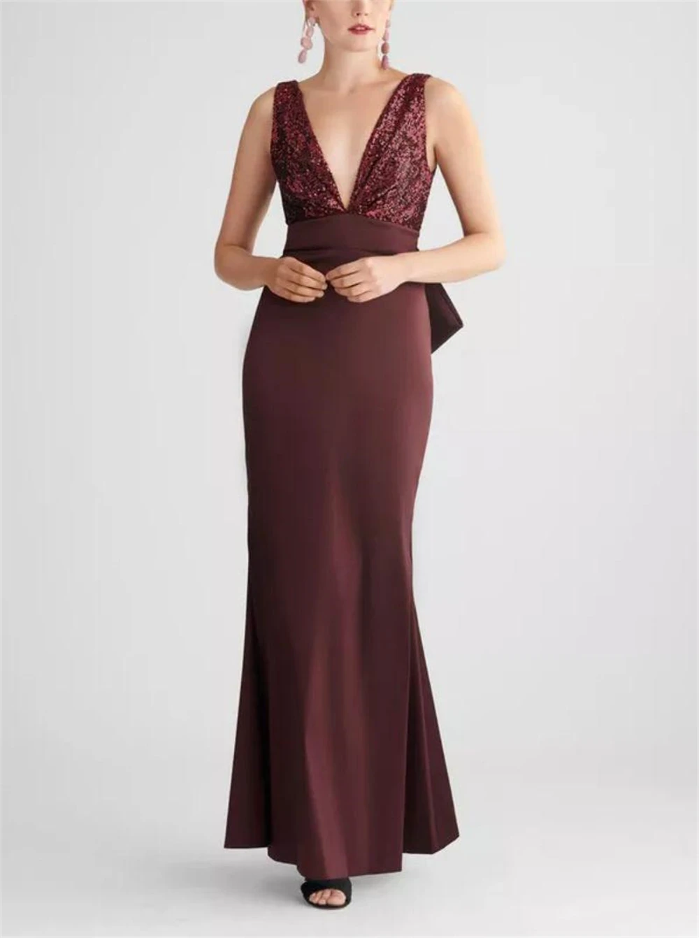 

Off-the-shoulder Mermaid Evening Dresses With Back Bow-tie Deep V-neck Sleeveless Backless Floor-length Formal Prom Party Gowns