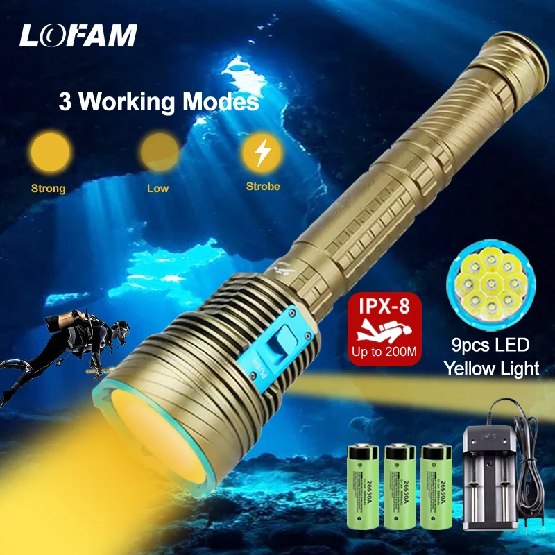 white-yellow-color-9pcs-led-lights-diving-flashlight-super-bright-underwater-spearfishing-dive-torch-with-batteries-and-charger