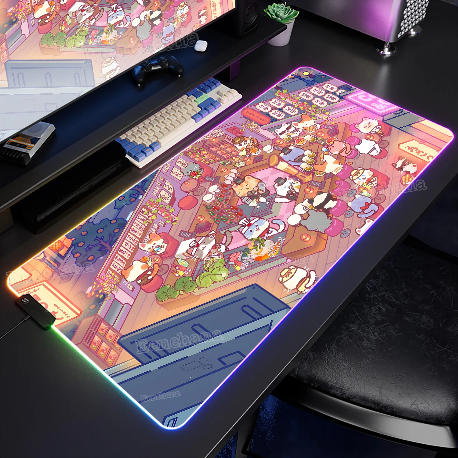 

XXL RGB Kawaii Cats Game Mouse Pad Design Large Gaming Luminous Cute Rug Big LED Backlight Keyboard Accessories Anime Desk Mats
