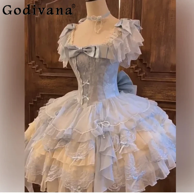 Blue Ballet Exquisite Embroidery Lolita Bow Princess Dress Girl Sweet Ruffles Elegant Square Neck High Waist A-line Cake Dresses