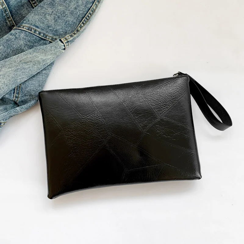 Ladies Black Envelop Clutch Bag Dark Punk Streetwear Rivets Wrist Bag Unisex Leather Purse Gothic Female Phone Pocket 2024 New