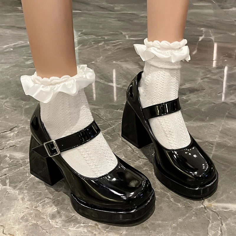 Lucyever Patent Leather Platform Pumps Women Elegant Square Heels Mary Jane Shoes Woman Ankle Buckle High Heeled Shoes Female