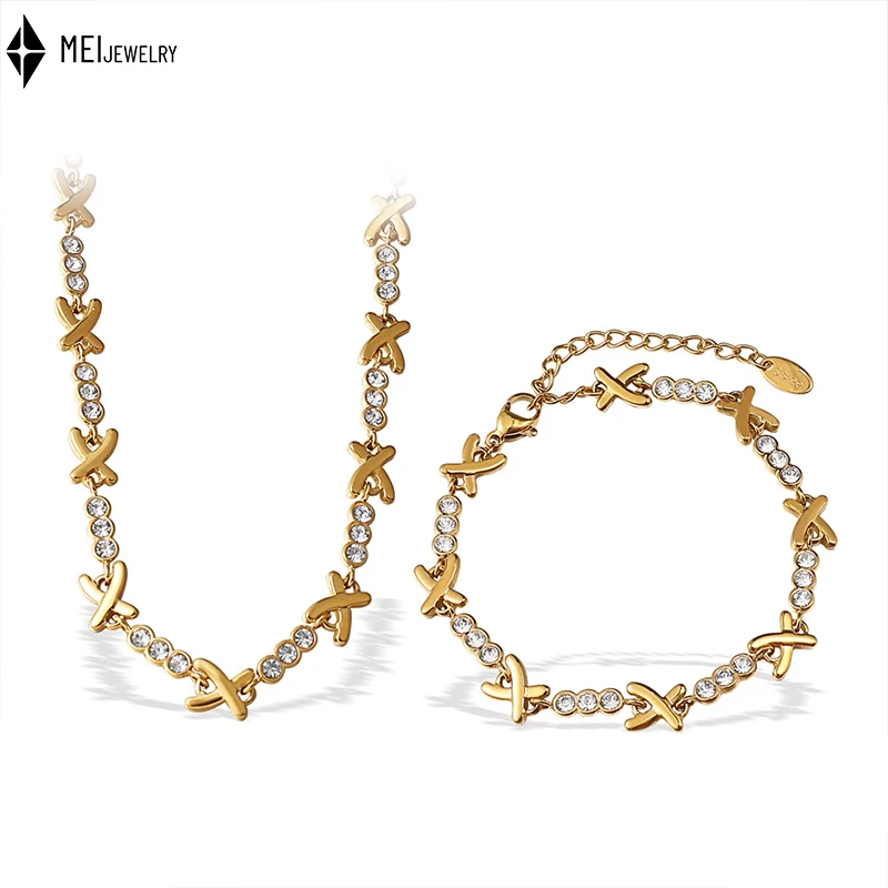Fashion Light Luxury X-Shaped Inlaid Rhinestones Stainless Steel Necklace Bracelet Jewelry Set For Women