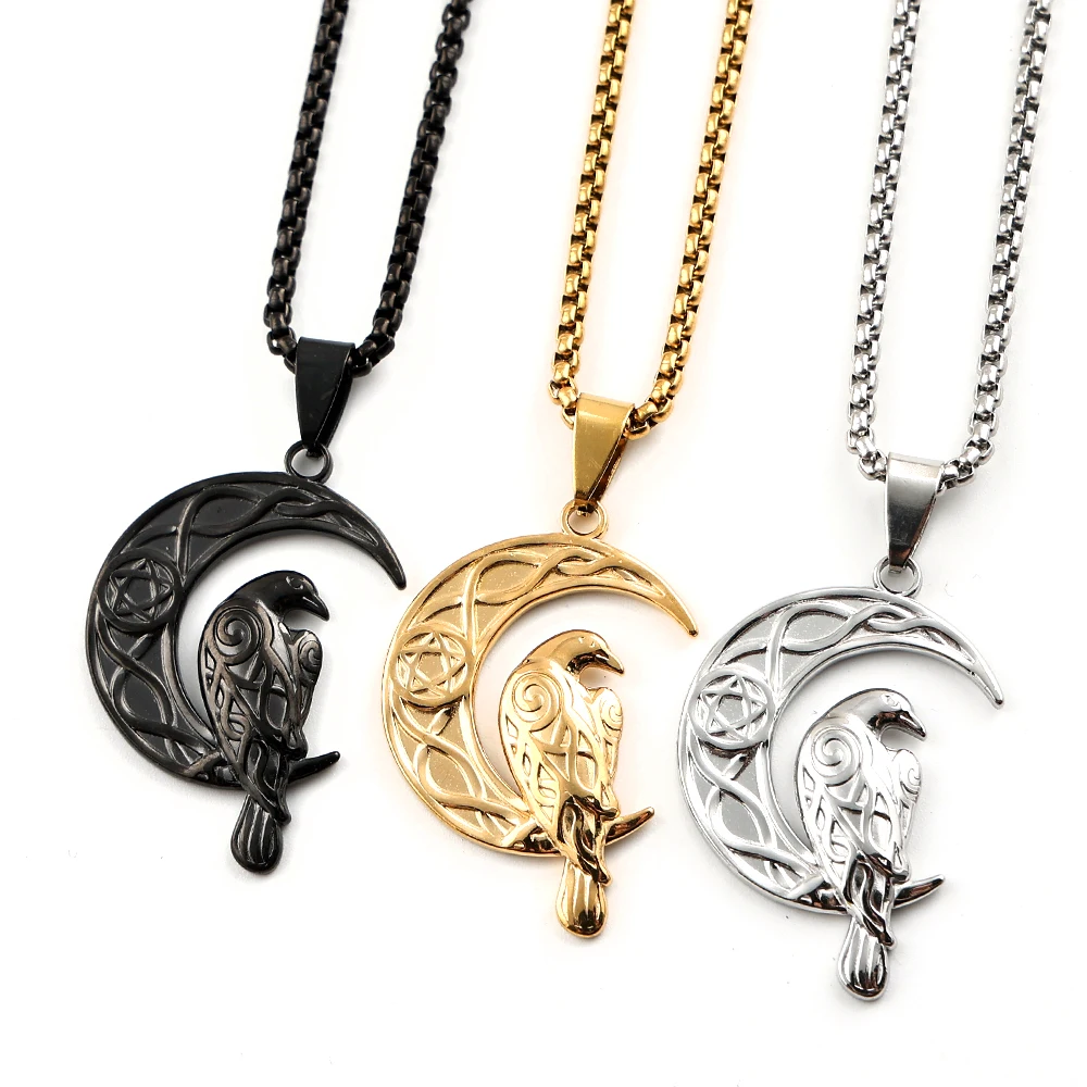 Gotische Wicca-Halskette mit keltischem Knoten, Raben- und Halbmond-Pentagramm-Anhänger für Damen und Herren, Edelstahl, Tier- und Okkult-Schmuck, Geschenk