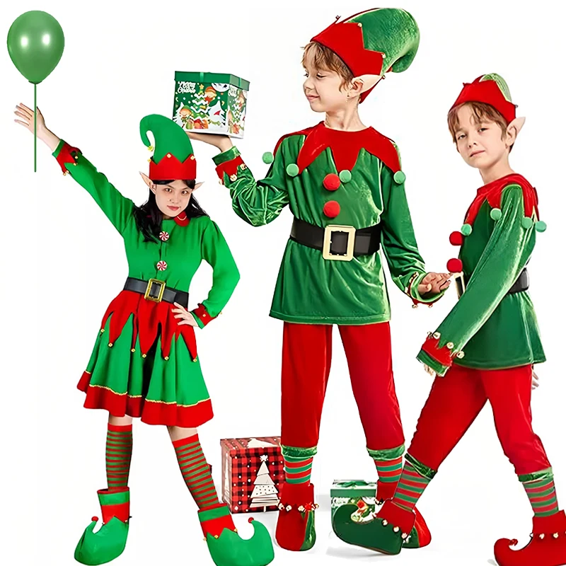 Boys Girls Velvet Elf Dress Up Santa Helper Costume Christmas Elf Costume Set 2025 New Year Tops Pants Hat Belt Xmas Party Dress