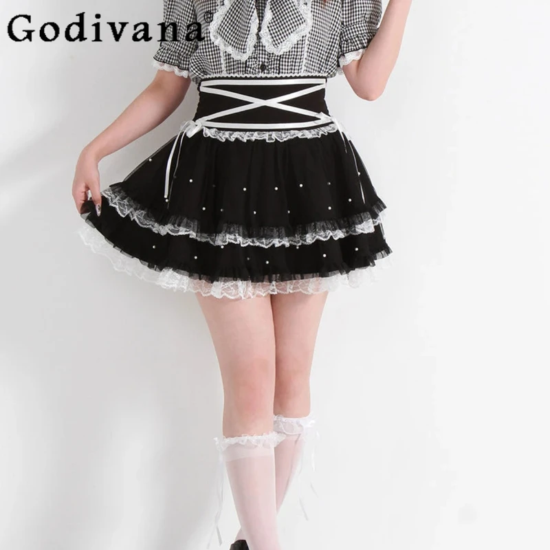 

Japanese Style New Lolita Mine Mass-Production Skirts Girls High Waist Slim Lace Lace-Up Pleated Skirts Summer Women Skirts