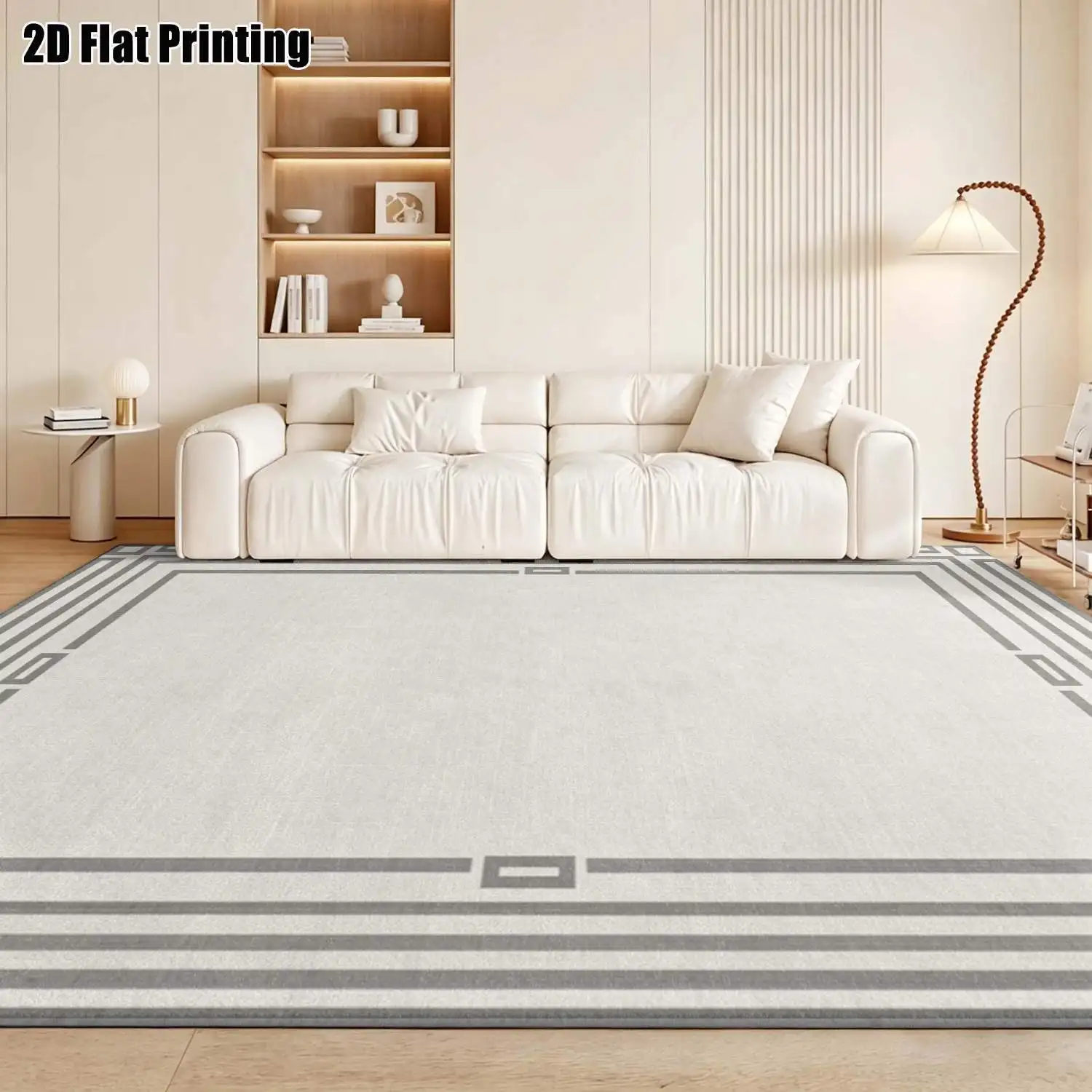 1Pc 2D Printed Gray-White Geometric Border Carpet, Modern Simple Style, Fits Nordic Decor, Multi-Size, Machine Washable, for Entrance, Dining, Foyer, Bedroom, Study, Living Room