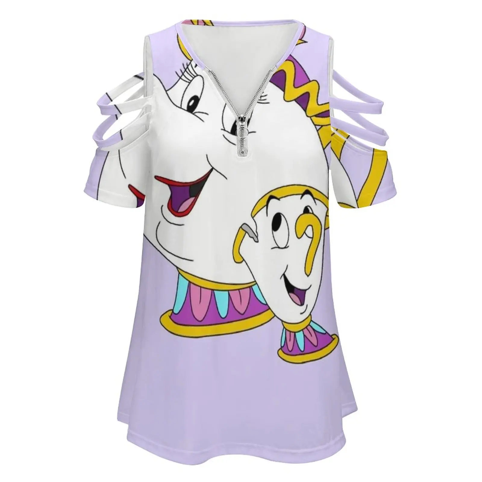 Mrs Potts And Chip t-shirt da donna Summer Fashion Print Floral con scollo a v Zipper Tshirt Hollow Pullover Ladies Top Mrs Potts Chip
